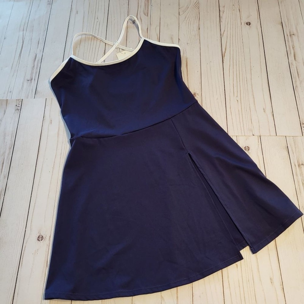 Halara Cloudful Air Navy Blue White Trim Criss-cross Side Slit Mini Dress Medium